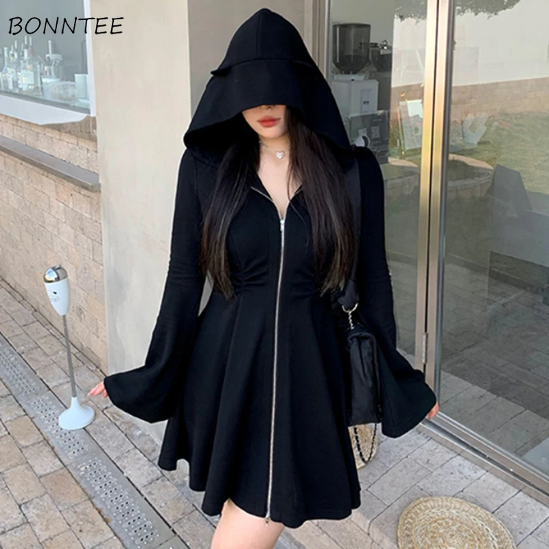 Long Sleeve Hooded Black Mini Dresses Women Gothic Zipper-up Flattering Waist Fall Winter Slim-fit Letter Embroidery Lovely Sexy