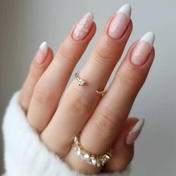 Fashion 24Pcs/Set Women Girls Medium Almond French White Border Snowflake Glitter Powder Wearable Fake Nail Press on Nail Art