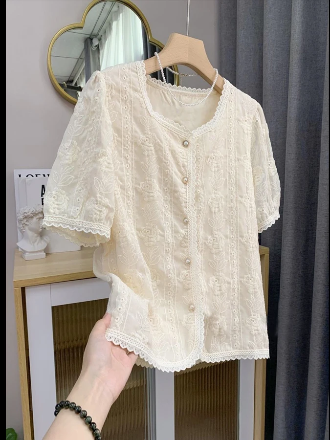 

French Sle Lace irt Women's ort Sve Bubble Sve Faion Summer 2025 Ele Lady Small Size Ele Simple Sle