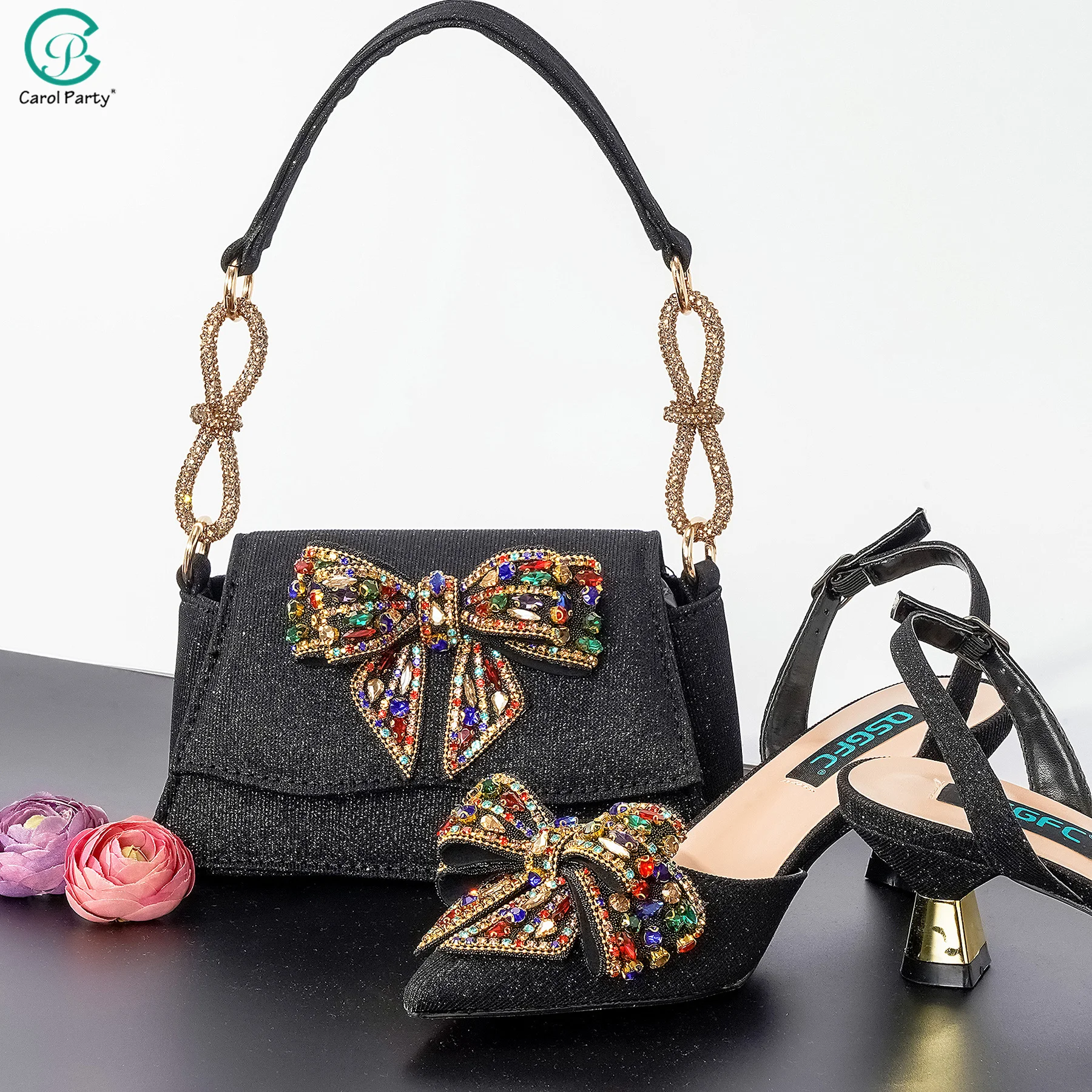 

Carol Party Italian Design Big Bow Black Crystal Sandals Party Pointed High Heels Nigeria Fashion Sexy Shoes Bag Set For Women