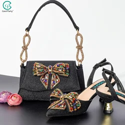 Carol Party Italian Design Big Bow Black Crystal Sandals Party Pointed High Heels Nigeria Fashion Sexy Shoes Bag Set For Women