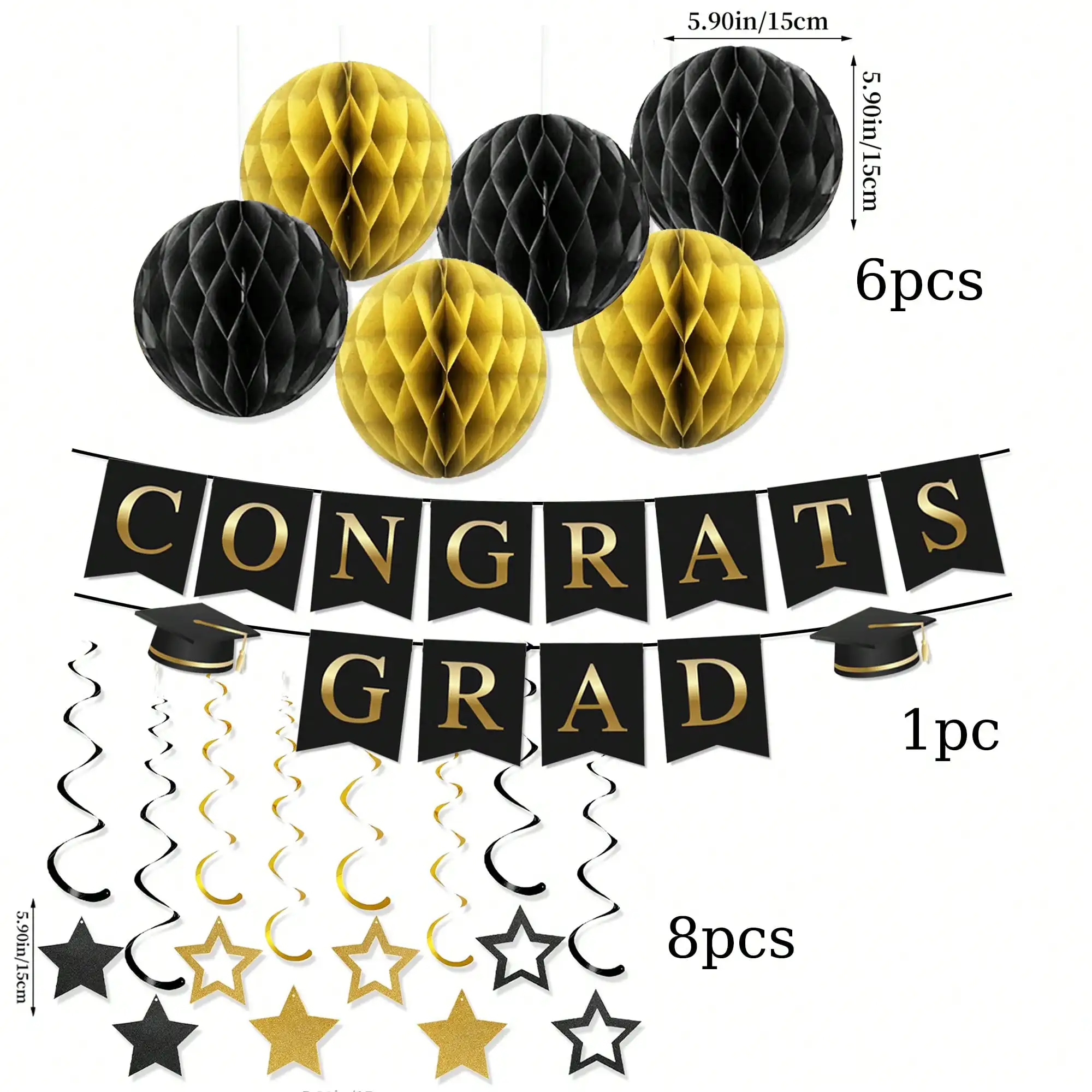 Schwarz-Gold Abschlussfeier-Thema Wabenball-Ornamente und Flaggen zur Dekoration von Abschlussfeiern – Detail 5