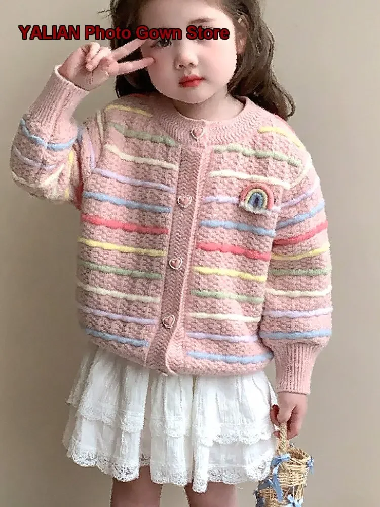 Girls Knit Cardigan 2025 Spring Rainbow Striped Casual Coat for Young Girls in Spring and Autumn 5