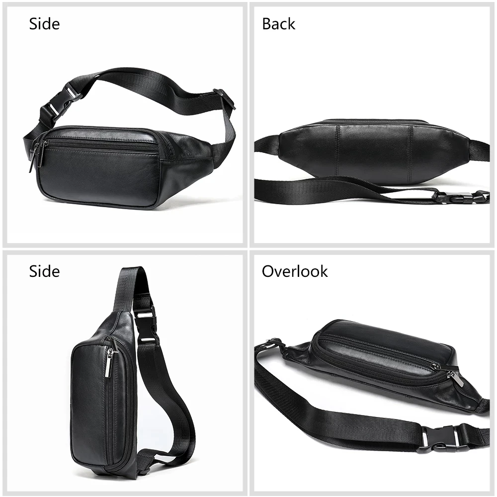 Luufan Multifunction Men's Chest Bag 2 Use Genuine Leather Male Single Shoulder Belt Waist Bag Sling Chest Pack For Biker Black