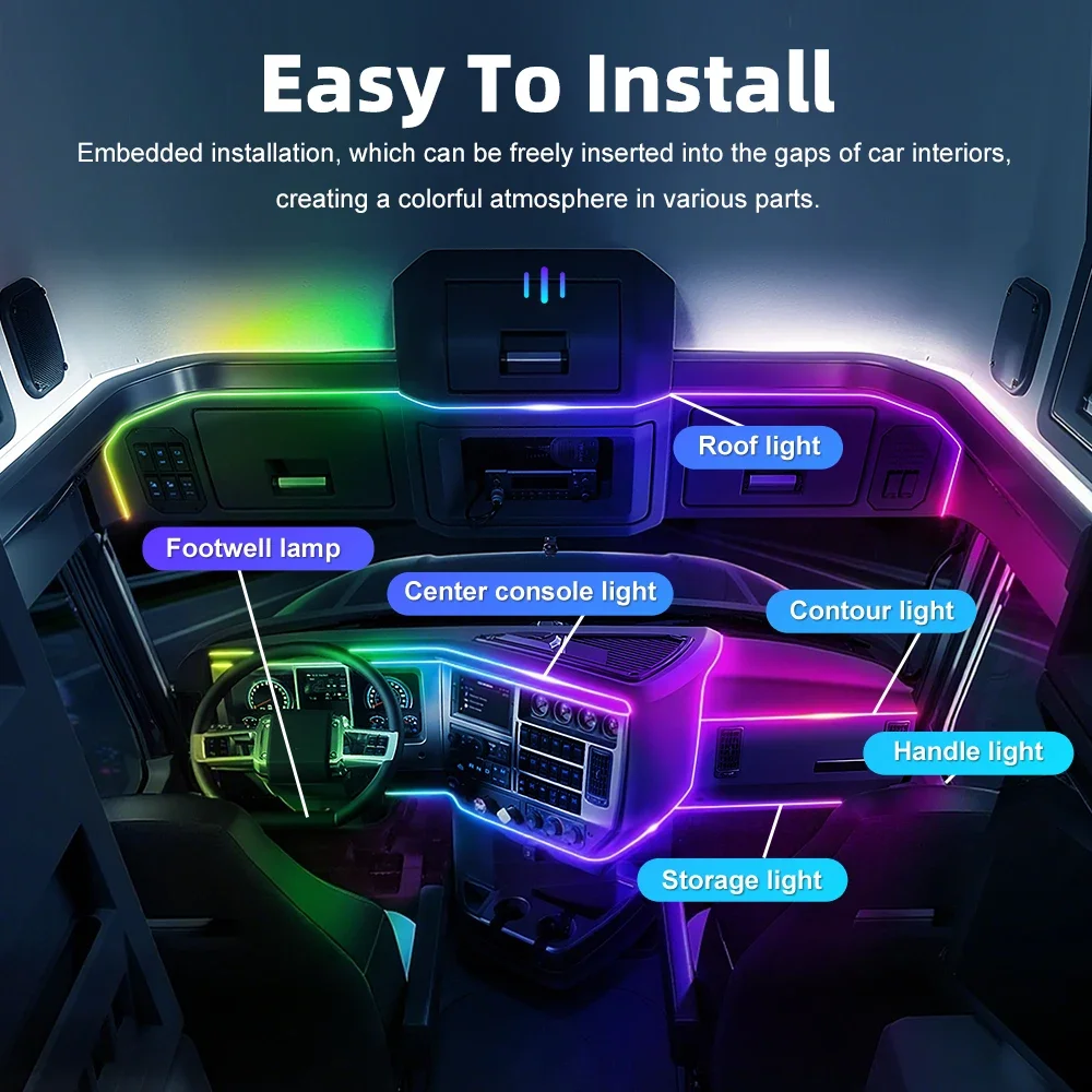 Kit d'éclairage d'ambiance intérieure de voiture 18 en 1, bande lumineuse LED RGB, Guide optique en acrylique, contrôle par application, 64 couleurs, 12V, ajustement universel