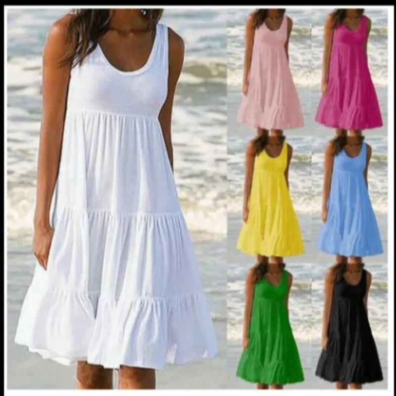 Vestido casual de mujer bohemio sin mangas con escote redondo y volantes, color liso, estilo playero, holgado y suelto, talla plus para mujer 3029