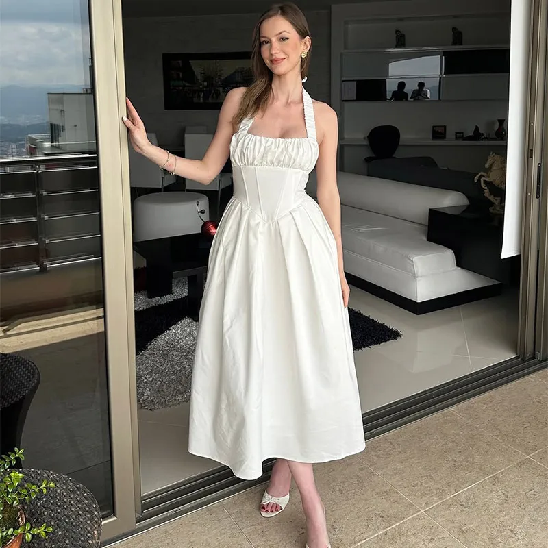 

2025 однотонное платье с бретелькой на шее, облегающее длинное платье на бретельках, модное кружевное платье с бретелькой на шее и принтом, халат, Vestido, женское вечернее платье