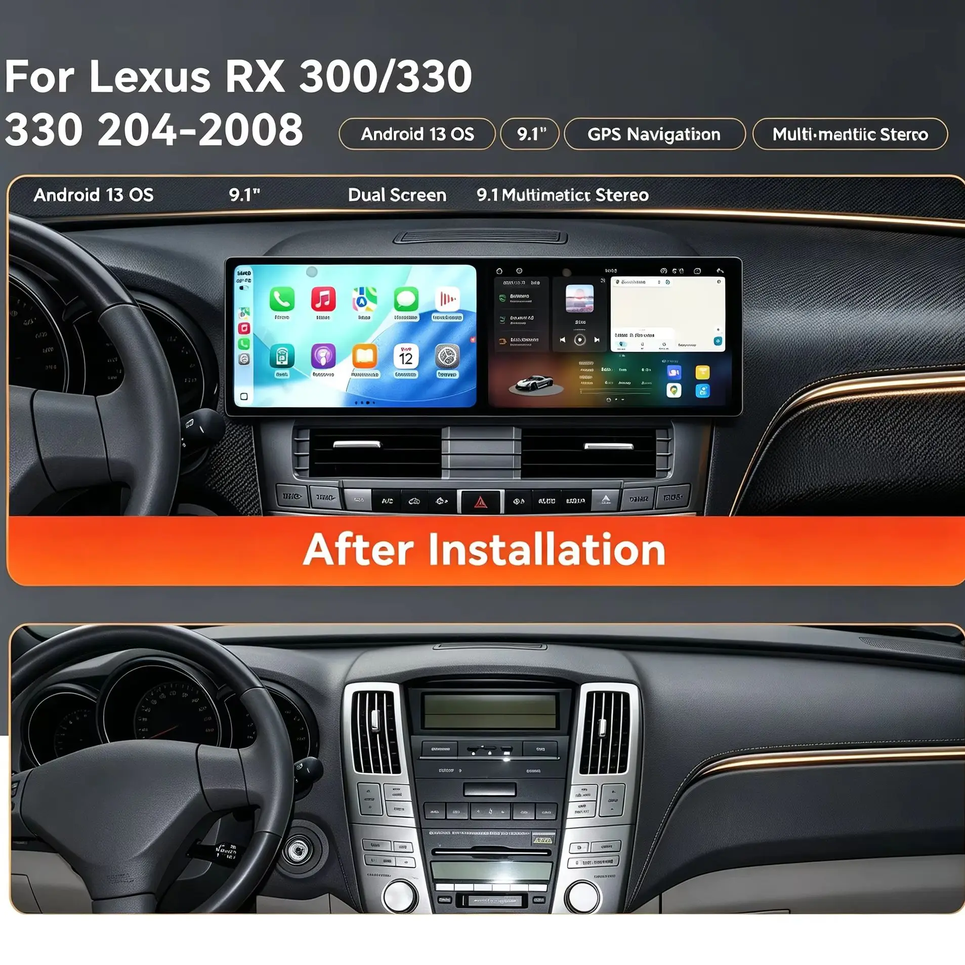 Lizpofly Android 13 OS Dual Screen Car Multimedia Player 9.1 Inch GPS Navigation Stereo Head Unit for Lexus RX 300/330 2004-2008