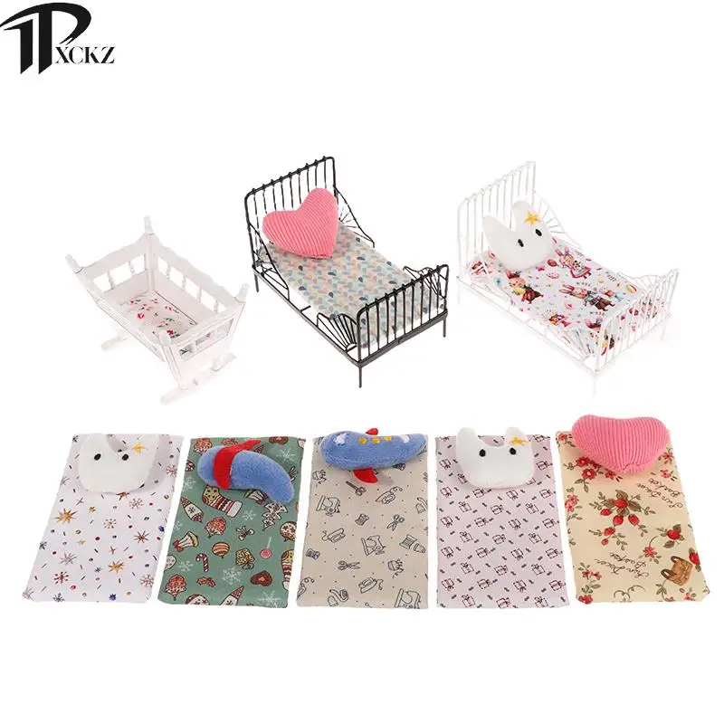 1Set Dollhouse Wrought Iron Bed Children's Bed + Pillow Iron Bed Cradle Bed With Mattress Cushion Hanging Ornaments Bedroom Toy