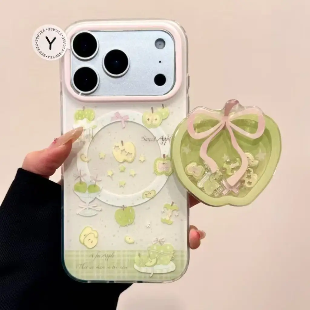 

Green Apple Bow Quicksand Magnetic Phone Grip Holder Universal Cute Fruit Foldable Airbag Stand Bracket Anti-Drop Finger Socket