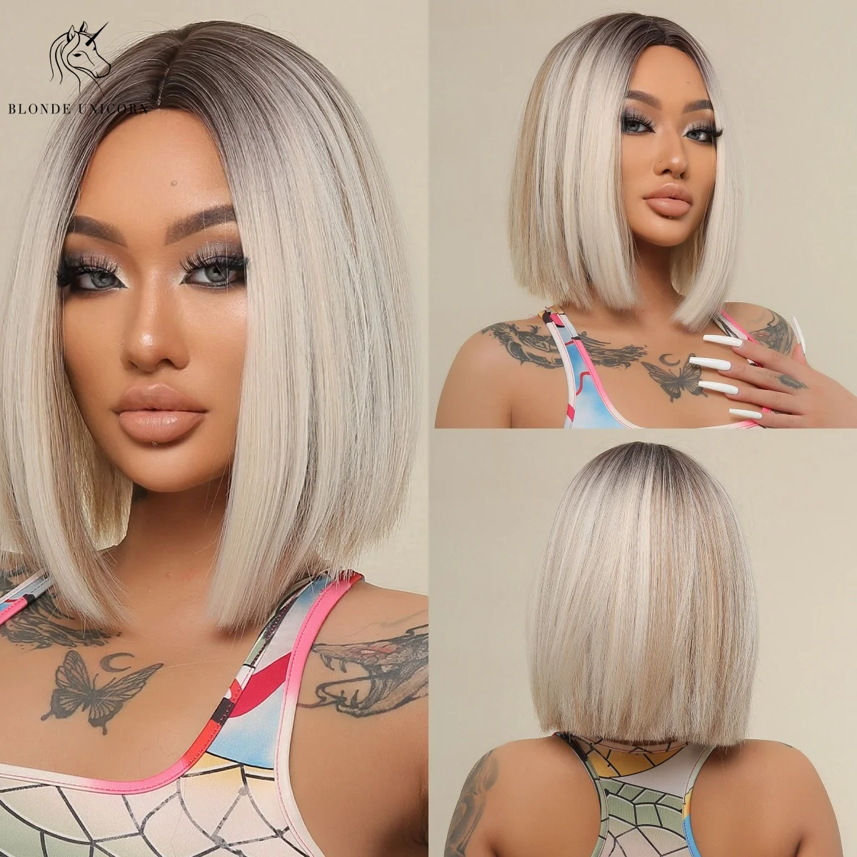BLONDE UNICORN Bob Syntetyczna Peruka Damska Krótkie Proste Włosy Ombre Ciemne do Białe z Blond Podkreślenia Codzienna Część Środkowa