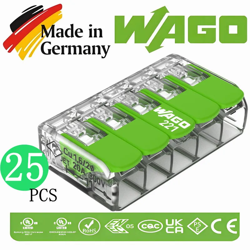 

25PCS connectors WAGOs 221-425 5-hole green series environmentally friendly terminal blocks 24-12AWG Used for wire connection