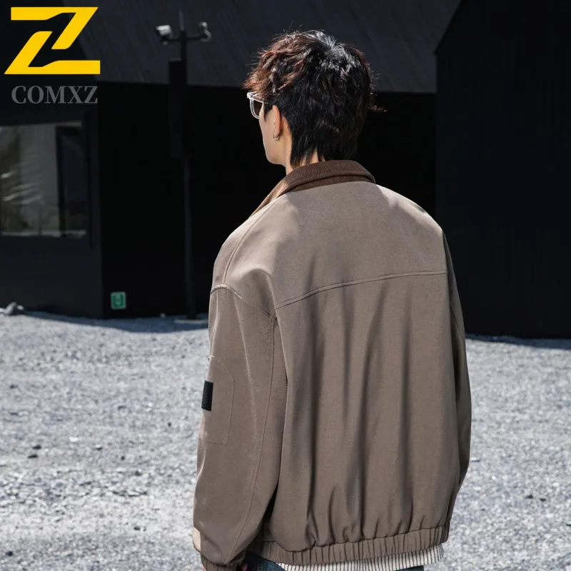 COMXZ Mens Jacket New American Trendy Color Block Notch Lapel Windbreaker Men Riding Versatile Minimalist Windproof Autumn Coat