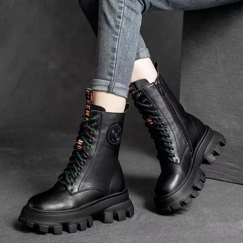 Boots Woman Winter 2024 New In Half Boot Booties Genuine Leather and fur Leather Punk Chelsea Gothic Y2k Shoes for Women Padded