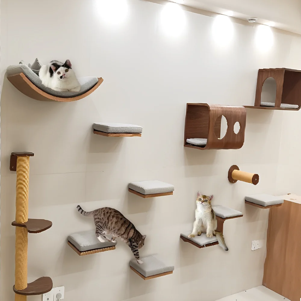 

Wall Mounted Cat Tree Tower Cat Climbing Shelves Solid Wood Scratching Post Hammock Hiding House Indoor Cats Gym Pet Furniture