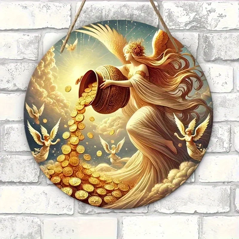 2D Flat, 1pc Angel Wealth Wall Decor - Handcrafted Wooden Circular Sign with Golden Coins & Doves, American Folk Art Style Door
