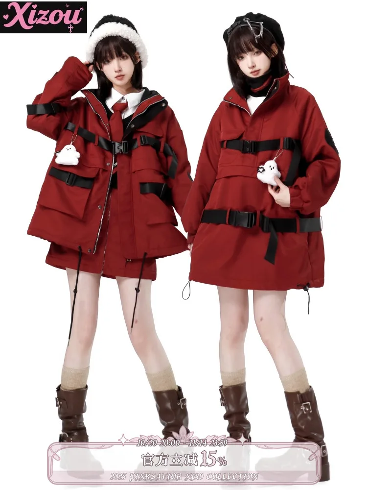 

Girl Winter Red and Black Streetwear Functional Cotton-padded Jacket Inner Shirt Female Christmas New Year Halloween Parkas Coat