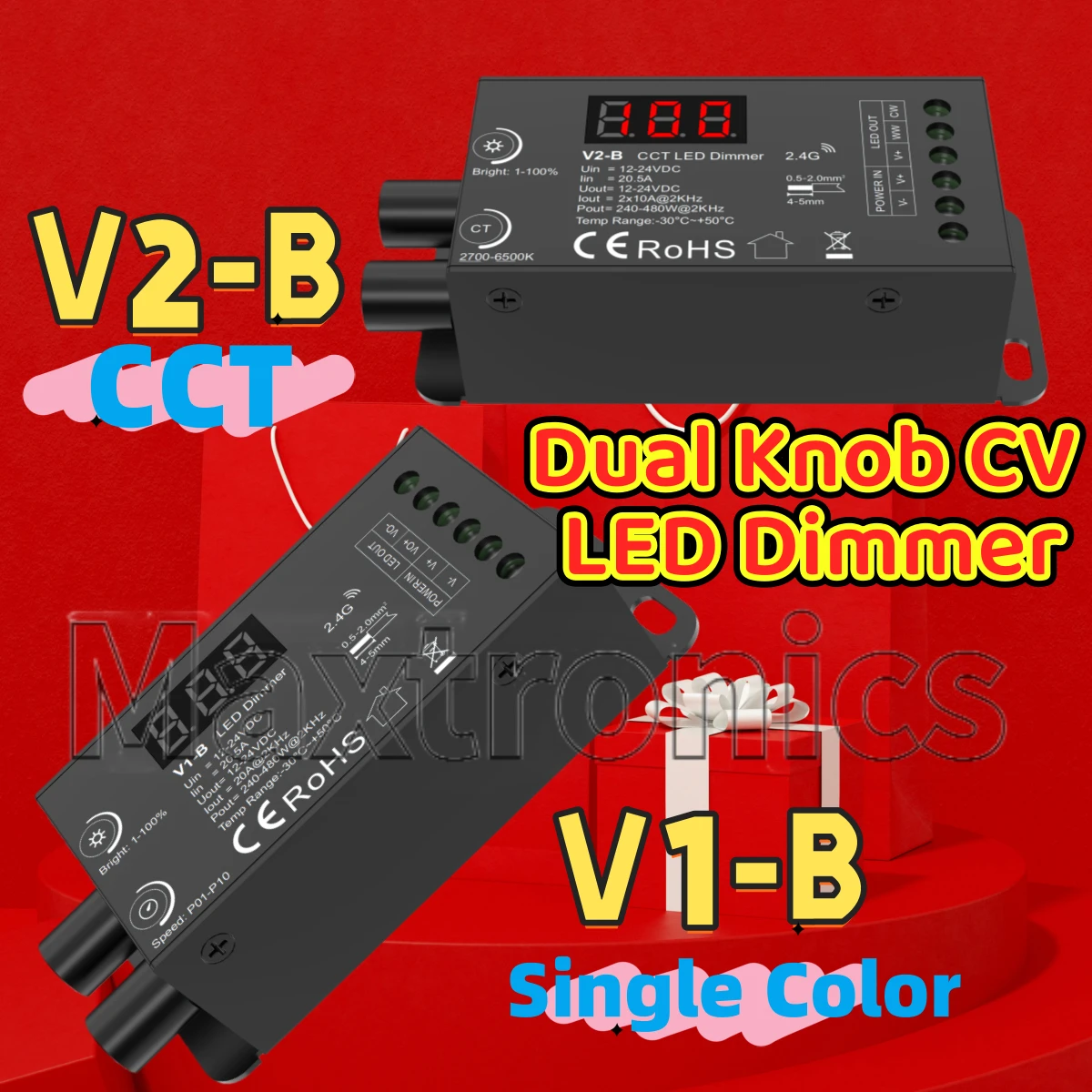 Skydance V1-B Single Color V2-B CCT DC12-24V Dual Knob CV LED Dimmer Brightness 30M With Digital Display RF2.4G for LED Strip