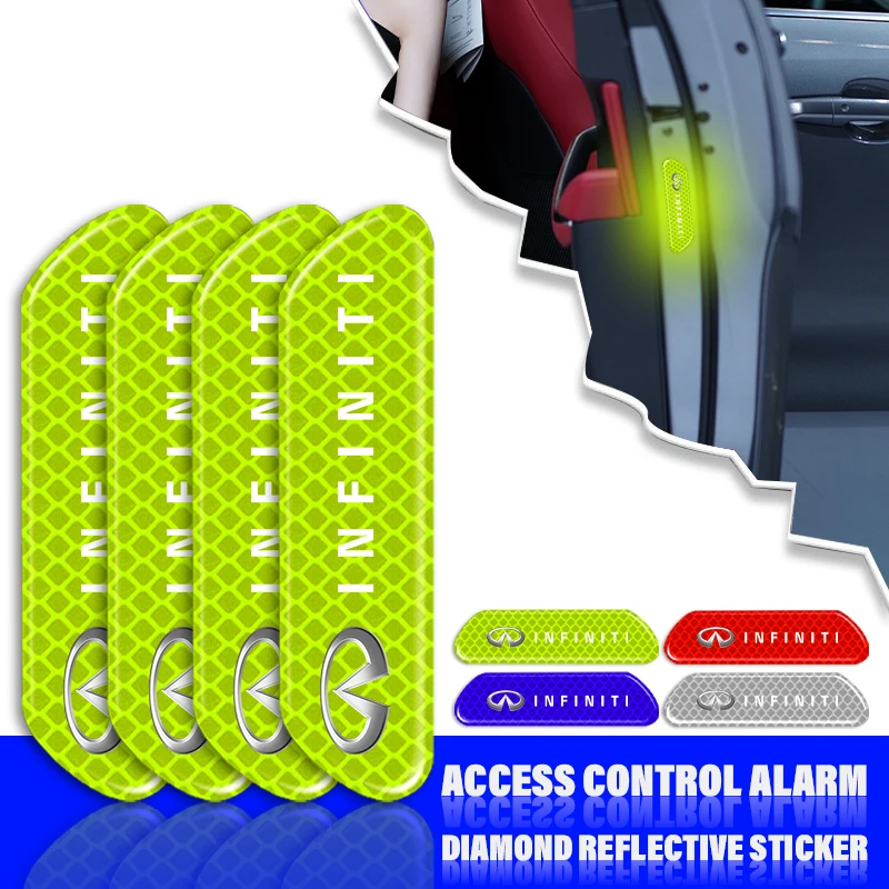 

4pcs Car Door Reflective Strips security Warning Stickers For Infiniti Q50 FX35 Q30 G37 Q70 QX70 G35 Q60 QX50 QX60 QX80