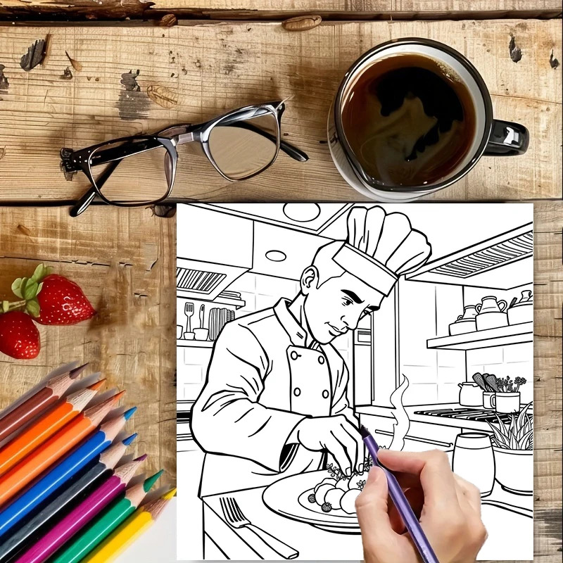 Libro para colorear de estilo de exploración de cocina de 28 páginas, libro para colorear para reducción de estrés de adultos |   Libro para colorear para aliviar el estrés