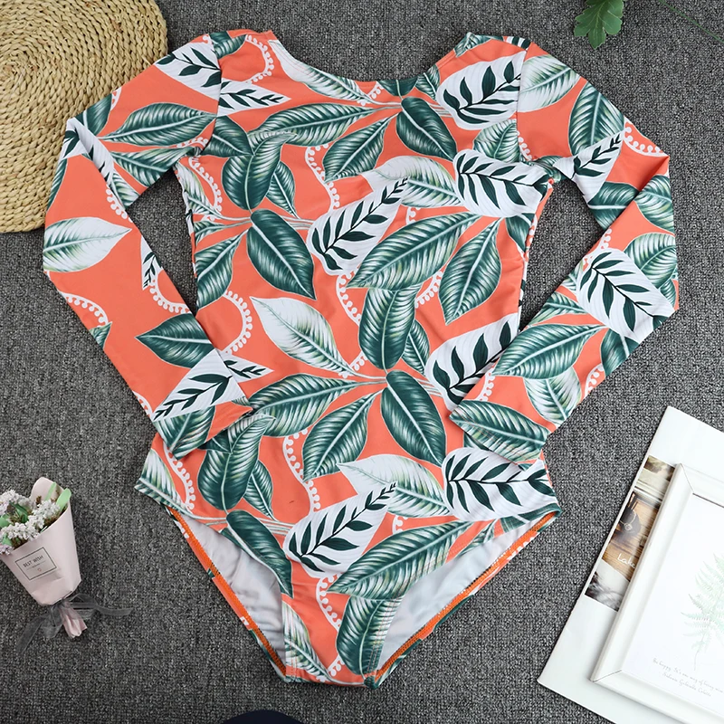 One Piece Swimwear Women\'s Swimsuit 2024 Sexy Floral Print Long Sleeves Rash Guard Surfing Monokini Bathing Suits Beach Wear