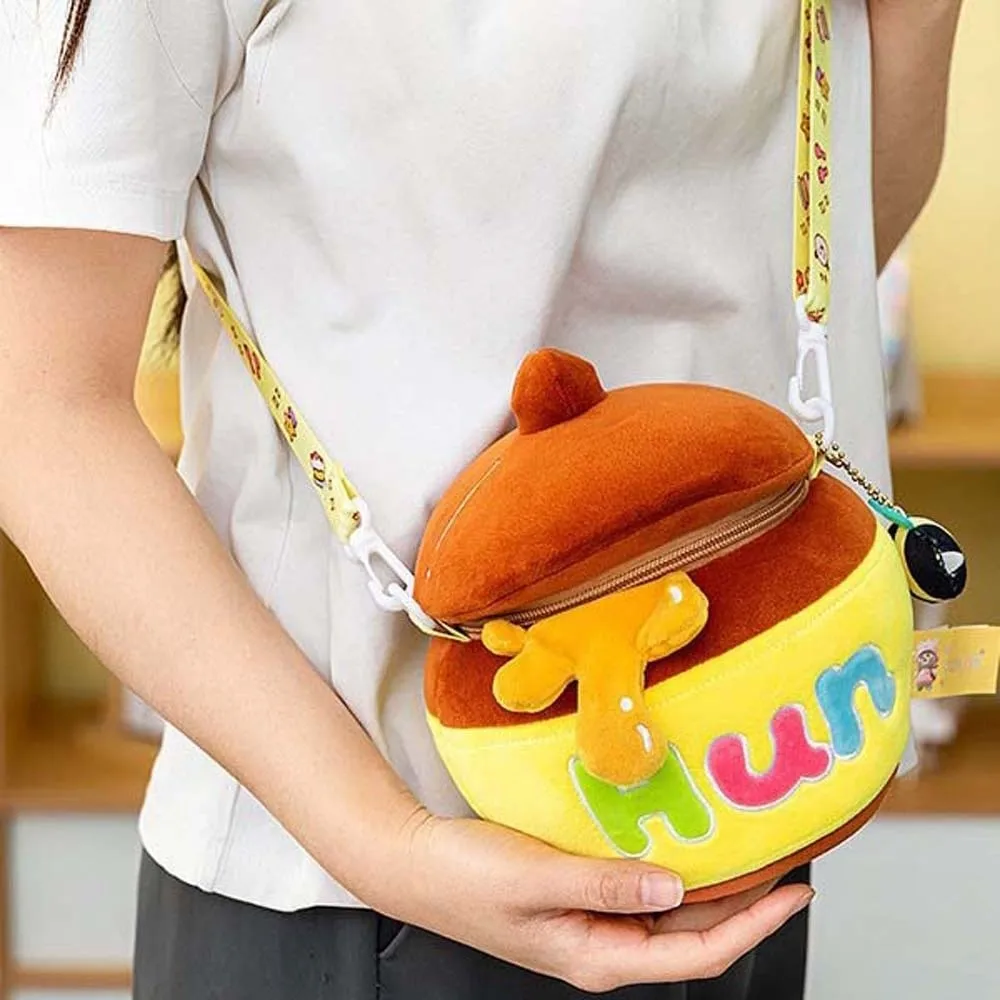 

Cute Honey Jar Crossbody Bag Embroidered Soft Honey Pot Shoulder Pouch Plush Adjustable Straps Yellow Cartoon Bag Daily