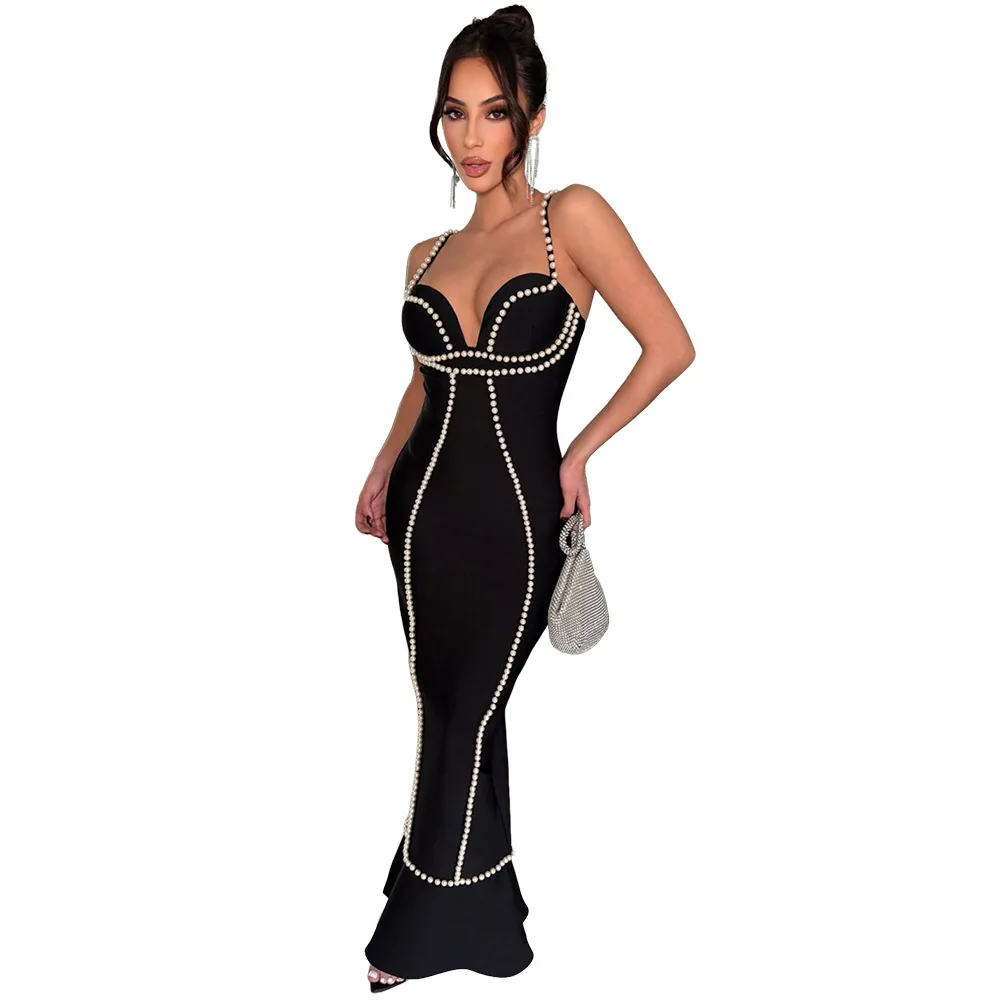 

EINY Women V-neck Sleeveless Sparkly Mermaid Long Maxi Dress Pearls Cocktail Evening Birthday Prom Sexy Night Party Dresses y2k