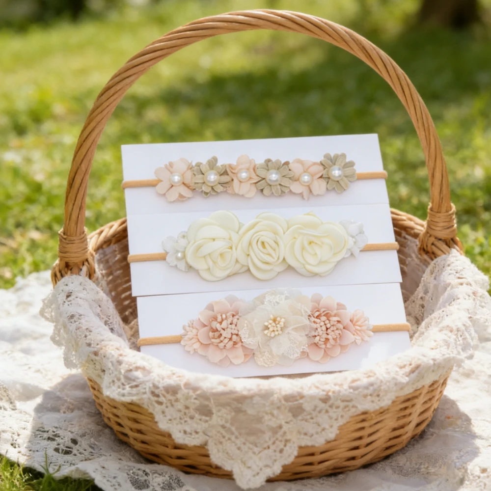 

3pcs Handmade Floral Wrap Headbands, Stretchy Soft Nylon Hair Hoops Fashion Hair Accessories
