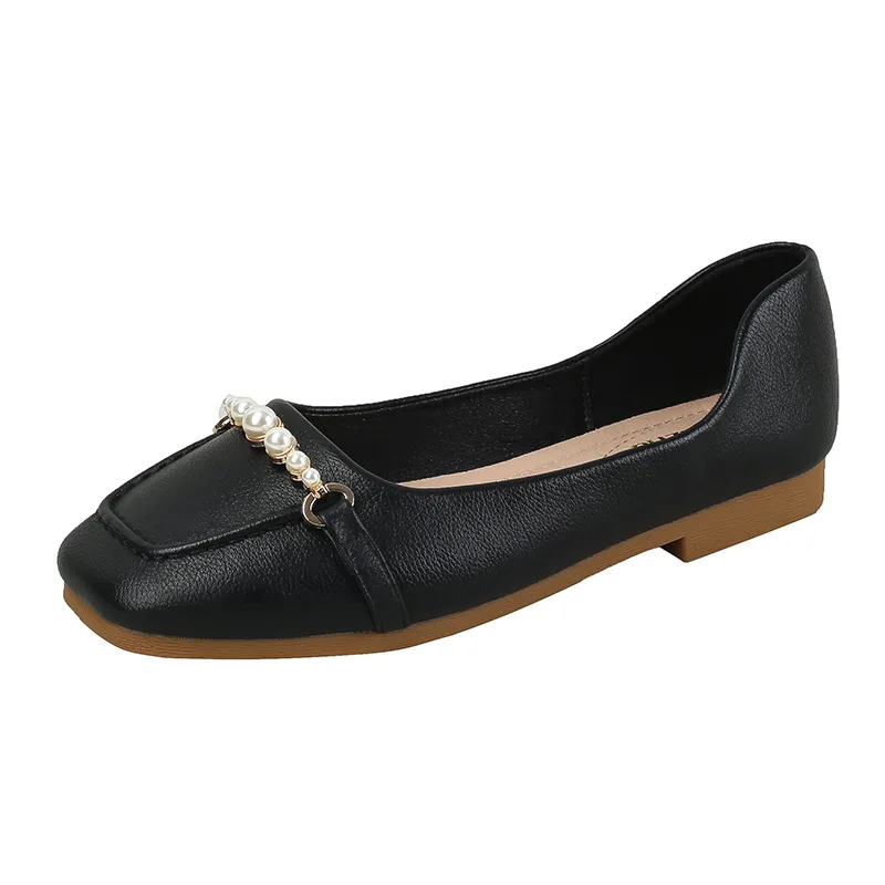 Big Size 35-43 Women Low Heel Shoes Pearl Decoration Flats Office Lady Slip-on Leather Loafers Spring Pumps Girl Wedding Shoes