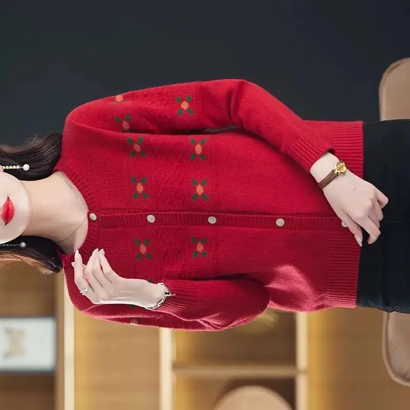 

New Autumn Long-sleeved Cardigan Sweater Women's Temperament Loose Round Neck Sweater Ladies Casual Knitwear Coat Top Outerwear