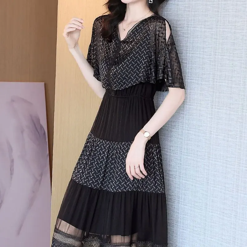 Summer New Stylish Off Shoulder Midi Dress Elegant V-Neck Female Clothing Hollow Out Lace Patchwork Commute A-Line Waist Dresses