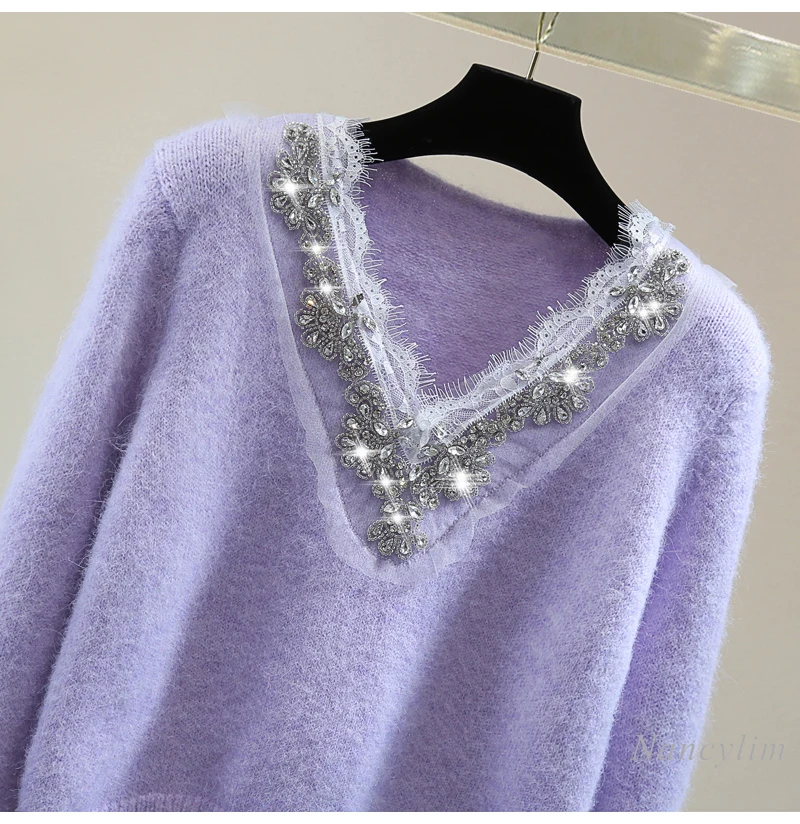 Lace V-neck Long-sleeved Sweater Ladies Spring Winter Korean Style High-waisted Short Diamond-encrusted Pullover Knitted Sweater