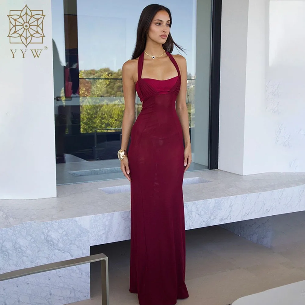 2024 New Sexy Elegant Backless Maxi Dress For Women Lace-up Sleeveless Polyester Red Slim Halter Dress Party Long Evening Dress