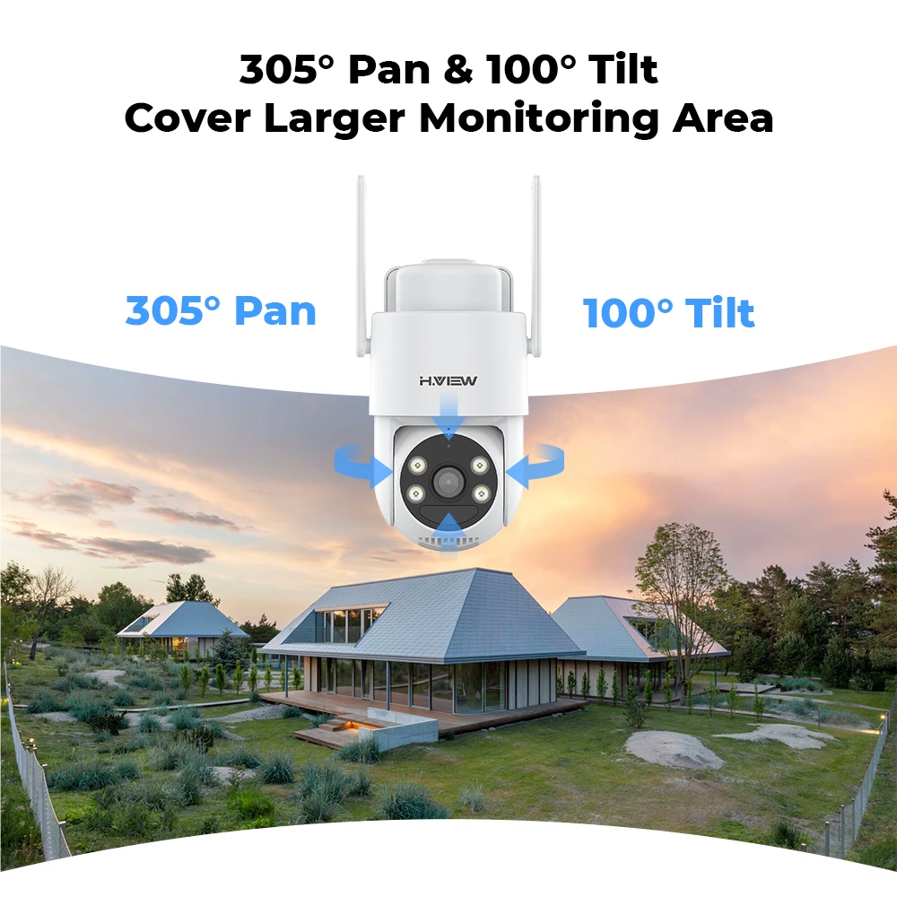 H.VIEW PIR Battery Powered Camera Wireless Outdoor,2K 3MP PTZ WiFi Camera with Solar Panel, 2-Way Audio, Waterproof