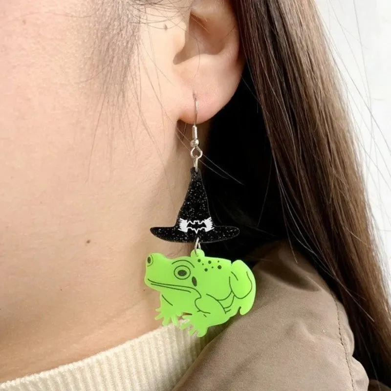 Funny Acrylic Wizards Hat Frog Women Earrings Personalized DIY Handmade Halloween Jewelry Unique Animal Earrings Gifts to Her