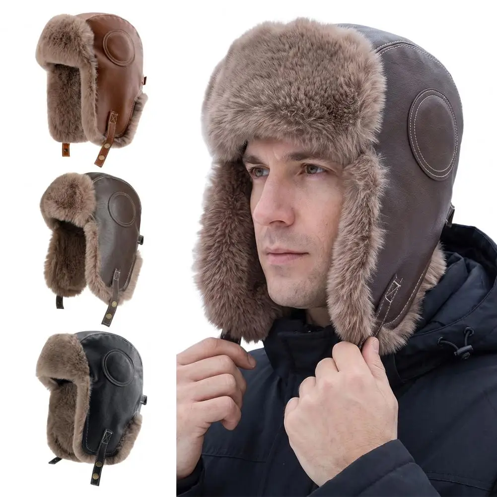 Outdoor Skiing Windproof Cap Winter Trapper Hat with Ear Flaps Windproof Pu Leather Cap Thick Fleece Lined Fur Warmer for Men