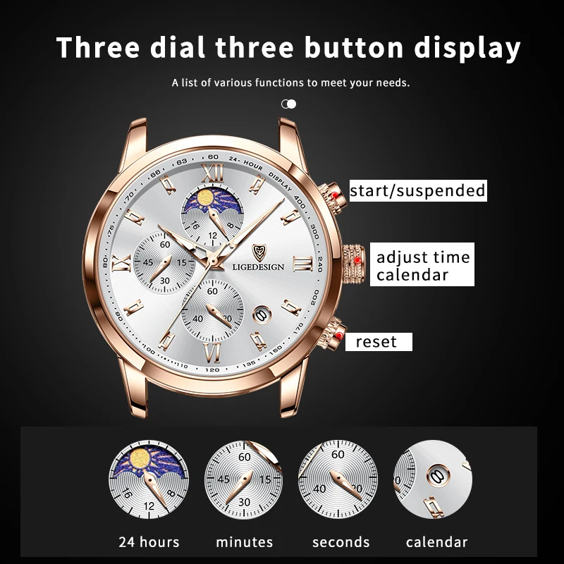 

LIGE 2026 TOP business men's watch moon phase calendar quartz watch fashion leather luminous men sports watches reloj hommes+BOX