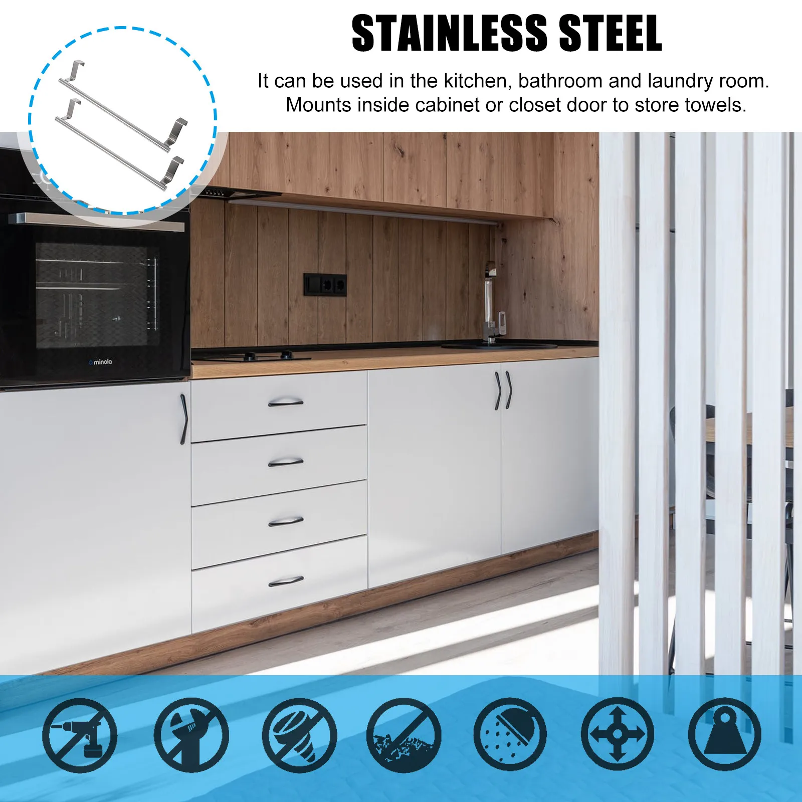 2Pcs Stainless Steel Towel Rack No Hole Installation Door Mounted Kitchen Bathroom Storage Holder Scratch Resistant Multipurpose