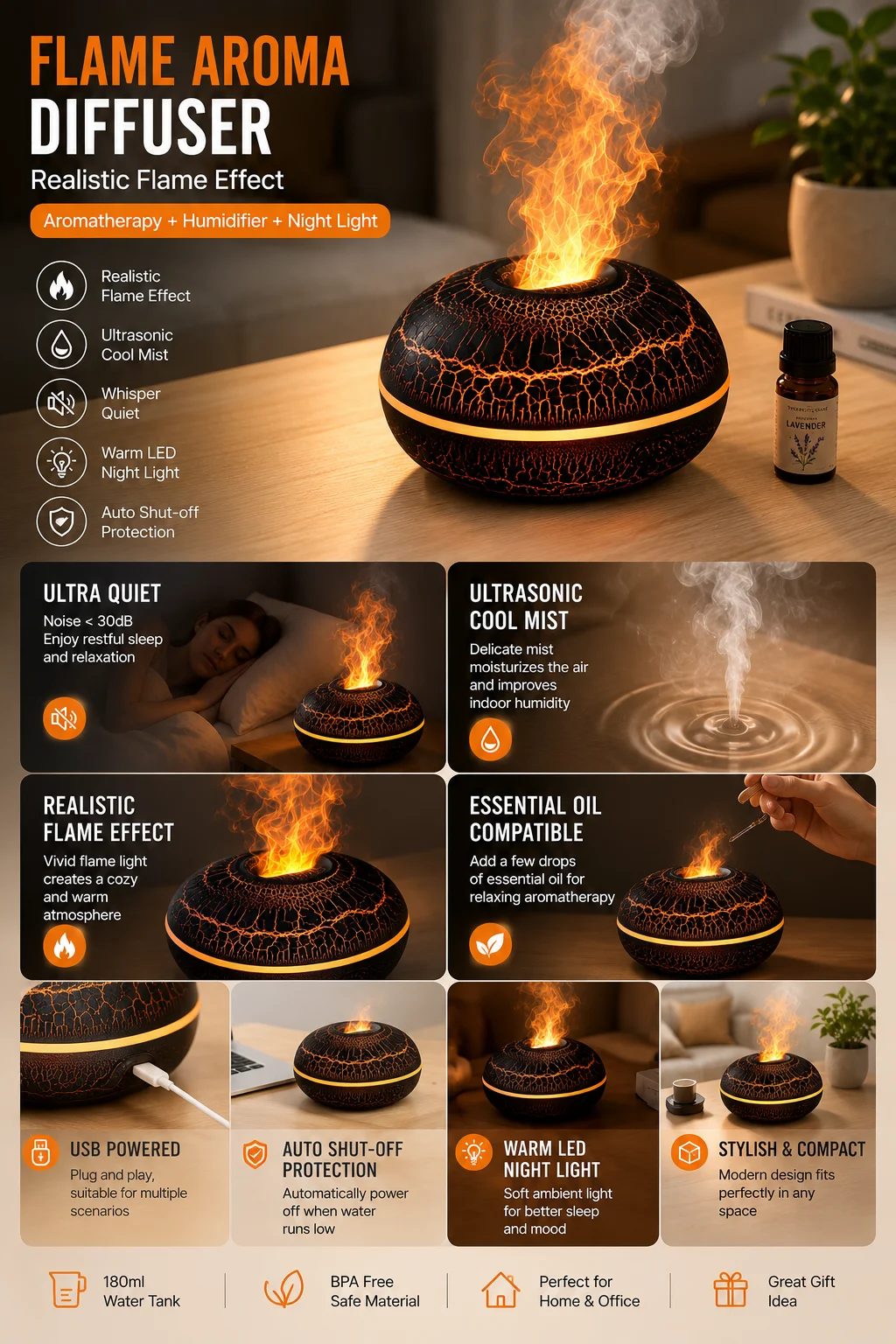 USB-Flammen-Luftbefeuchter Ätherisches Öl Diffusor Realistischer Feuer-Nebel Aroma-Diffusor LED-Nachtlampe Luftbefeuchter für Büro – Detail 1