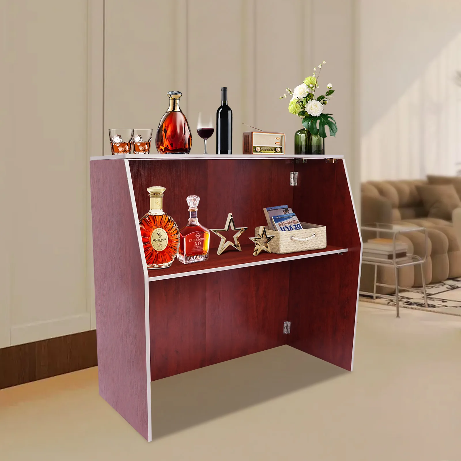 4' Folding Portable Event Bar with Top and Middle Shelves, Mobile Laminate Bartender Station for Events (Brown)