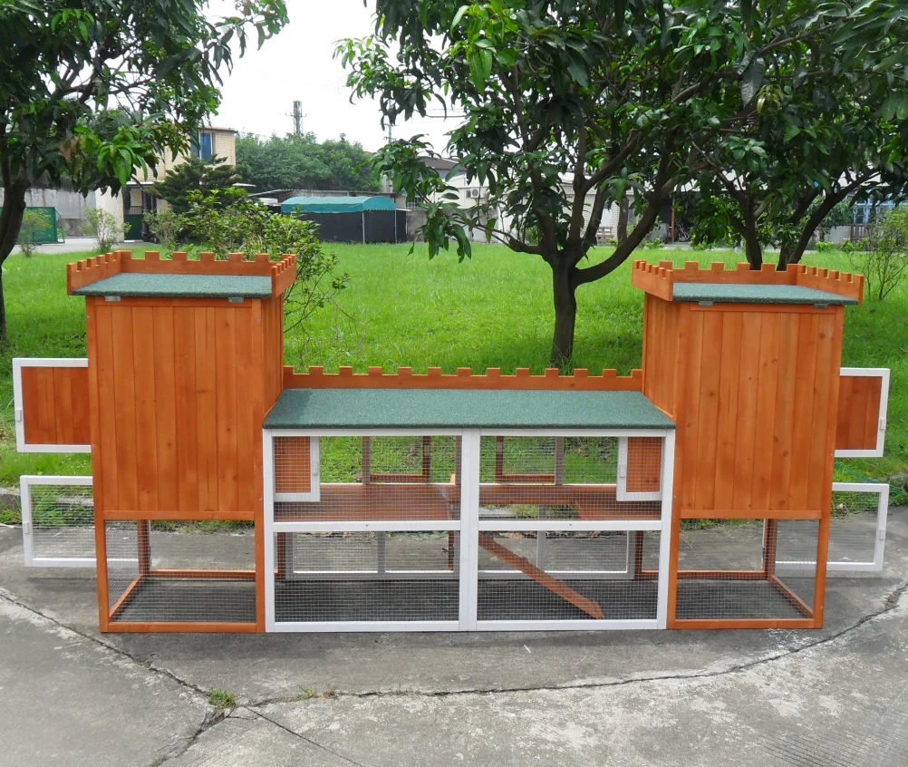 Two Floors Wooden Bunny Hutch Rabbit Cage with Wheels Guinea Pig House Waterproof No Leak Tray