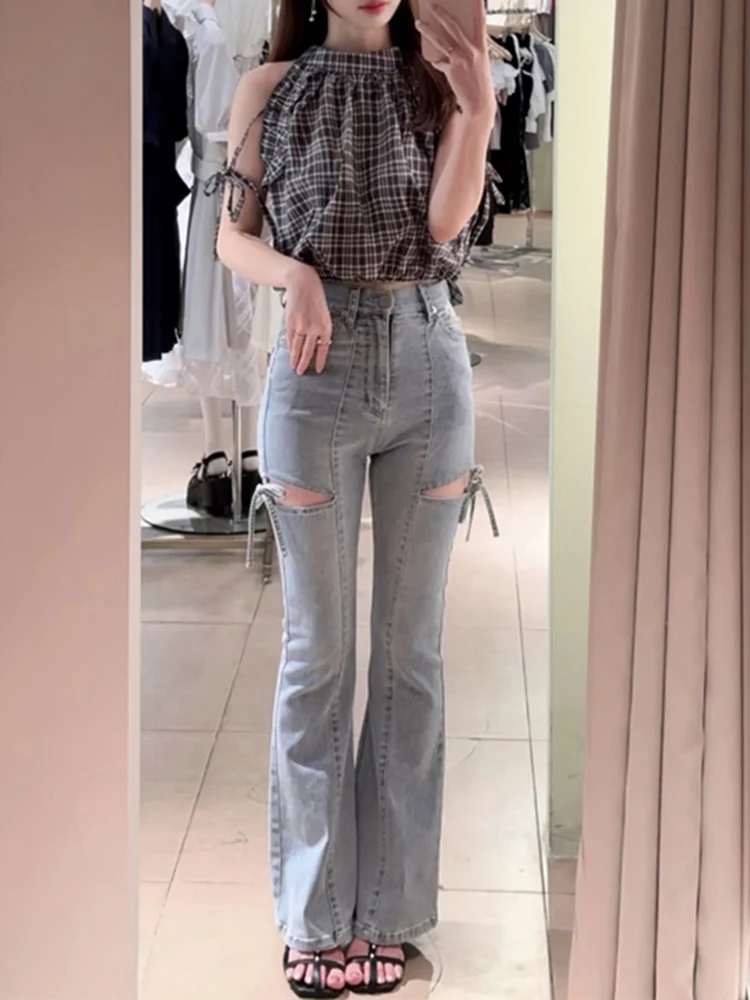 

Slim Fit High Waist Bell Bottom Denim Pants Autumn Winter New Arrival Japanese Style Bow Tie Hollow out Ladies Long Trousers