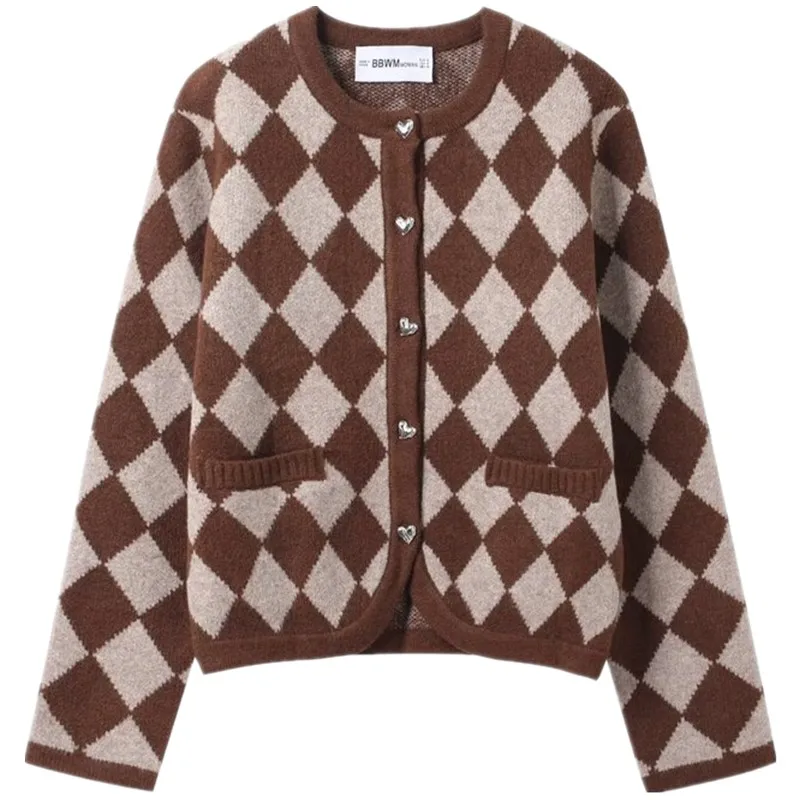 شتاء 2025 ملابس خارجية نسائية محبوكة جديدة مطرزة بنمط الماس تصميم تخفيف Sle طويل Sve سترة Ne مستديرة