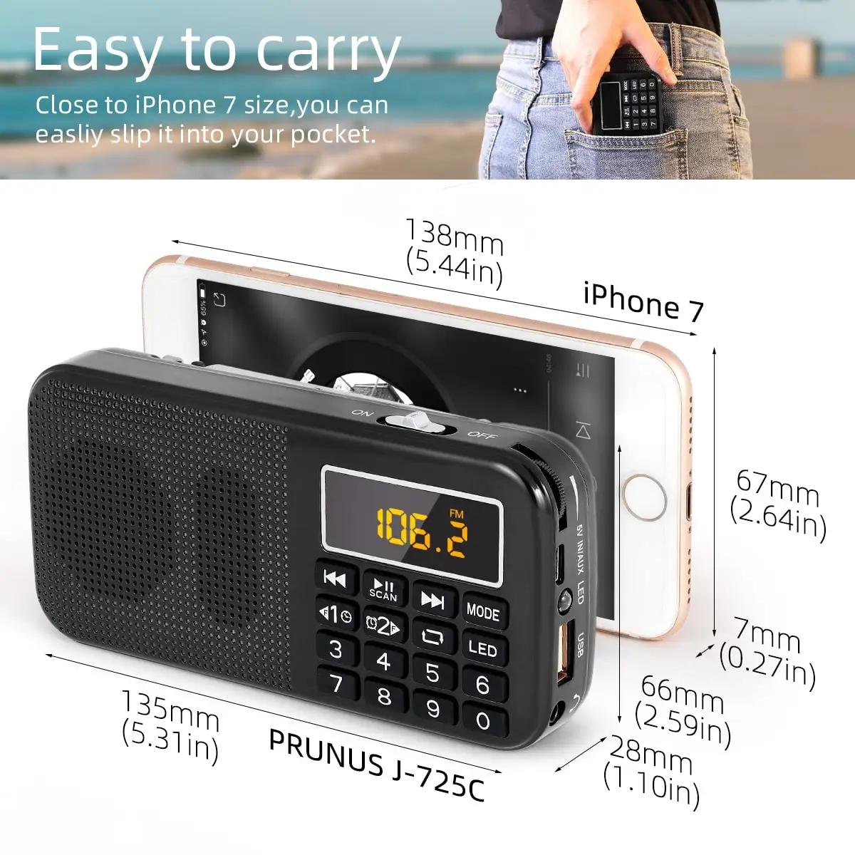 Nunus – Radio FM Portable J-725, Radio numérique, Rechargeable, USB/SD/TF/AUX, lecteur, lampe de poche, réveil, affichage LED