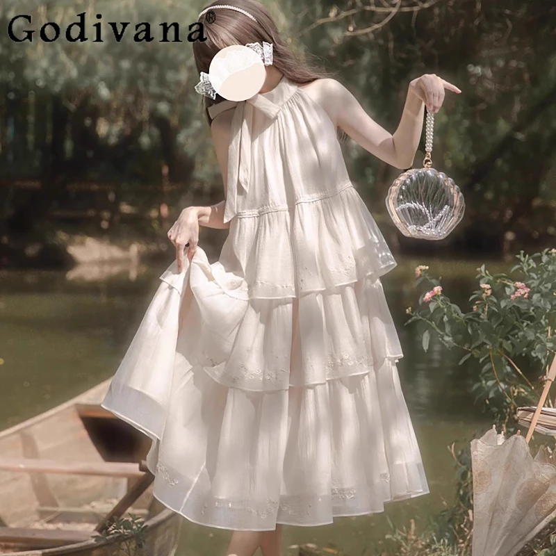 

Girls Embroidery Halter Long Dress Original Cake Elegant Princess Dress Women's Lolita Style Fairy Sweet Vacation Dress