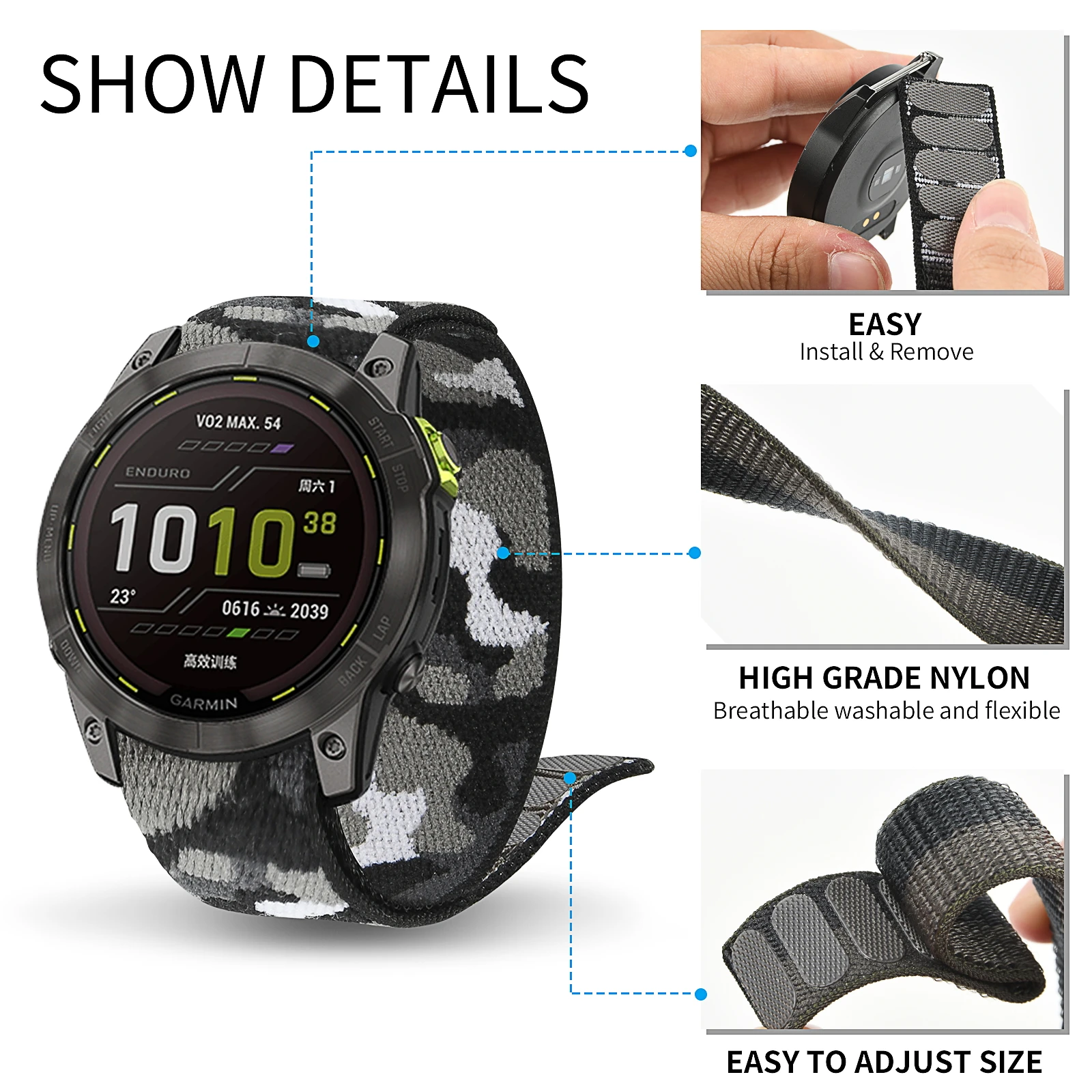 Bracelet de montre en Nylon avec crochet et boucle pour Garmin Fenix 7X 6X Pro 7 7S 6 6S 5X 5 5s Plus/venus 2 Plus, 26mm 20mm 22mm