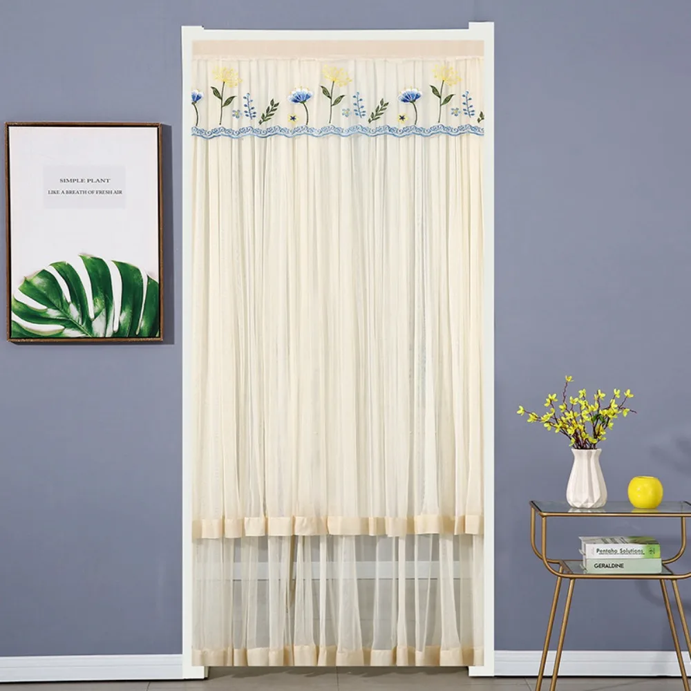 Double Layer Lace Embroidered Door Curtain Punching Free Breathable Mesh Bedroom Partition Curtain Anti-mosquito Self-adhesive