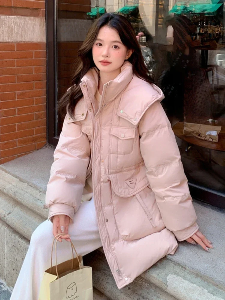 Thicken Super Plus Size Down Jacket Winter High Quality Hooded Big Pocket Loose Mid-Length Waist 90 White Duck Puffer Coat Women