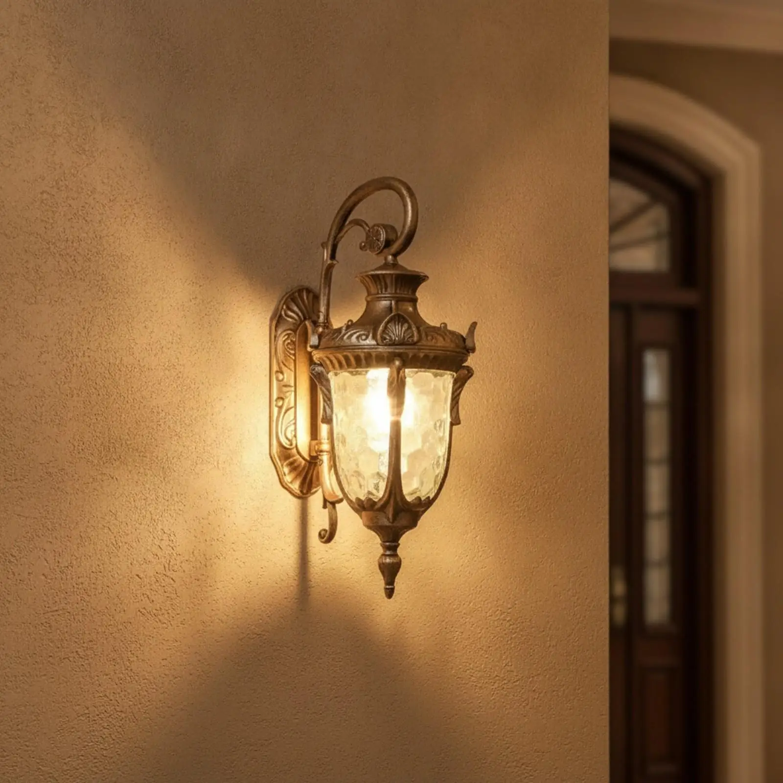 Weatherproof Outdoor Wall Lantern with Classic Ornate Design and Curved Metal Arm for Porch Entryway Villa Courtyard Lighting