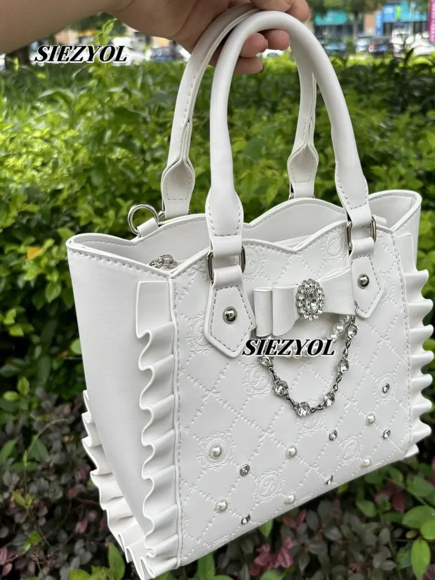 Lolita Sweet Cute Girl Fashion Handbag Pearl Rhinestone Bow Messenger Cosmetic Bag Versatile PU Makeup Pouch for Women
